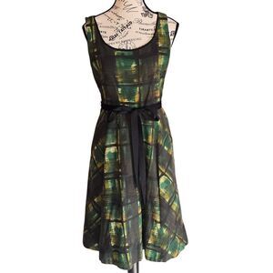 Maeve Anthropologie A-line abstract sleeveless pockets belt dress green SZ 4